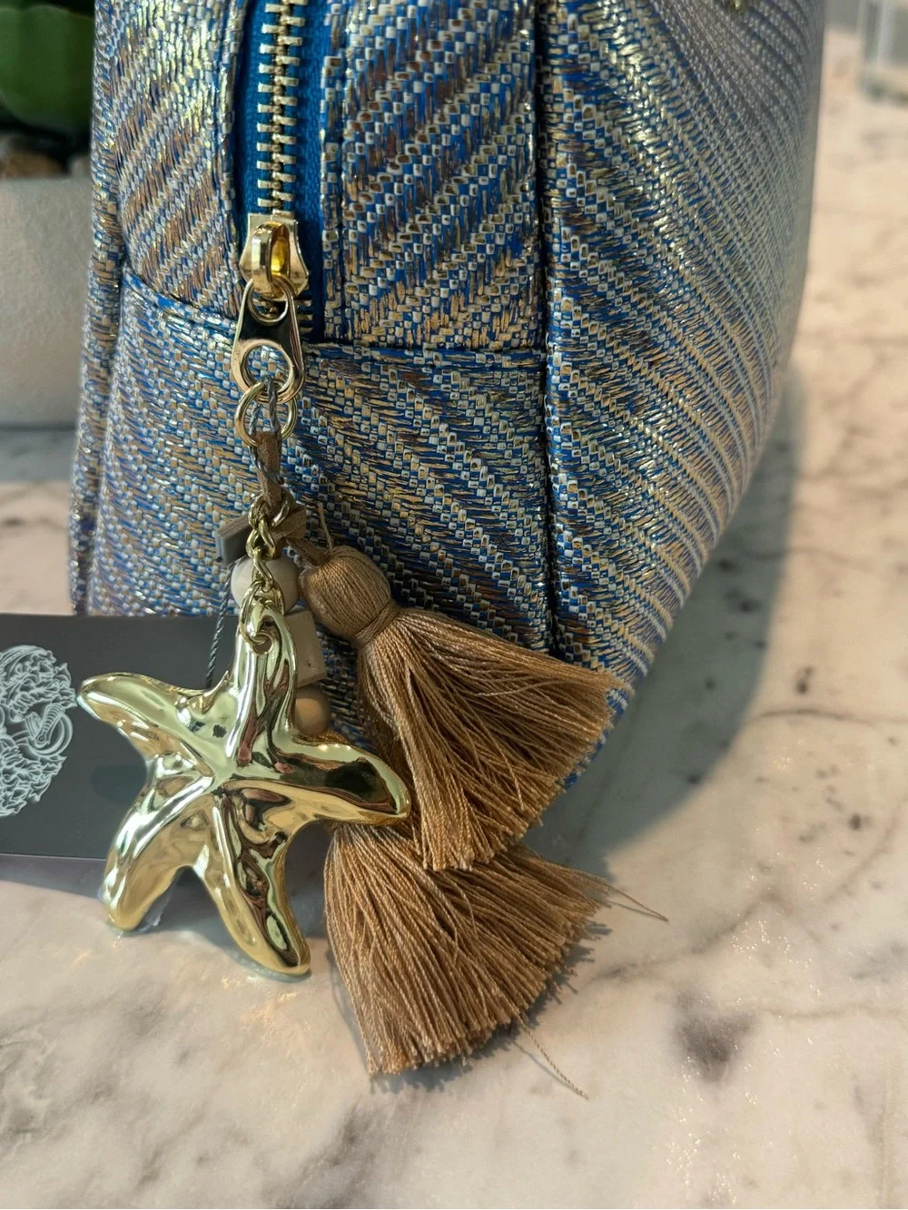 Vince Camuto Metallic Blue Cosmetic Pouch with Charm